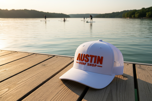 Austin Surf Shop Hat on Lake Austin Dock